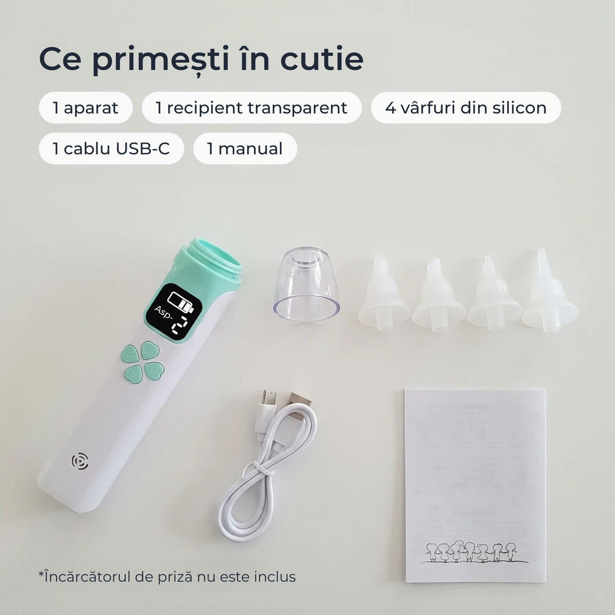 Conținutul cutiei: aparat, recipient, 4 vârfuri din silicon, cablu USB-C și manual 