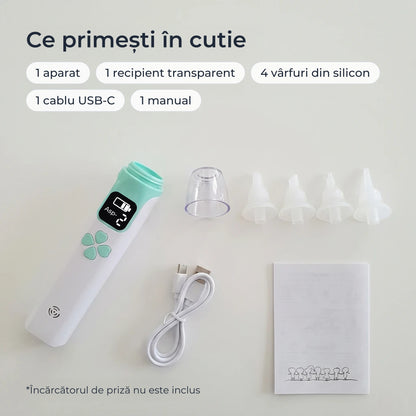 Conținutul cutiei: aparat, recipient, 4 vârfuri din silicon, cablu USB-C și manual 