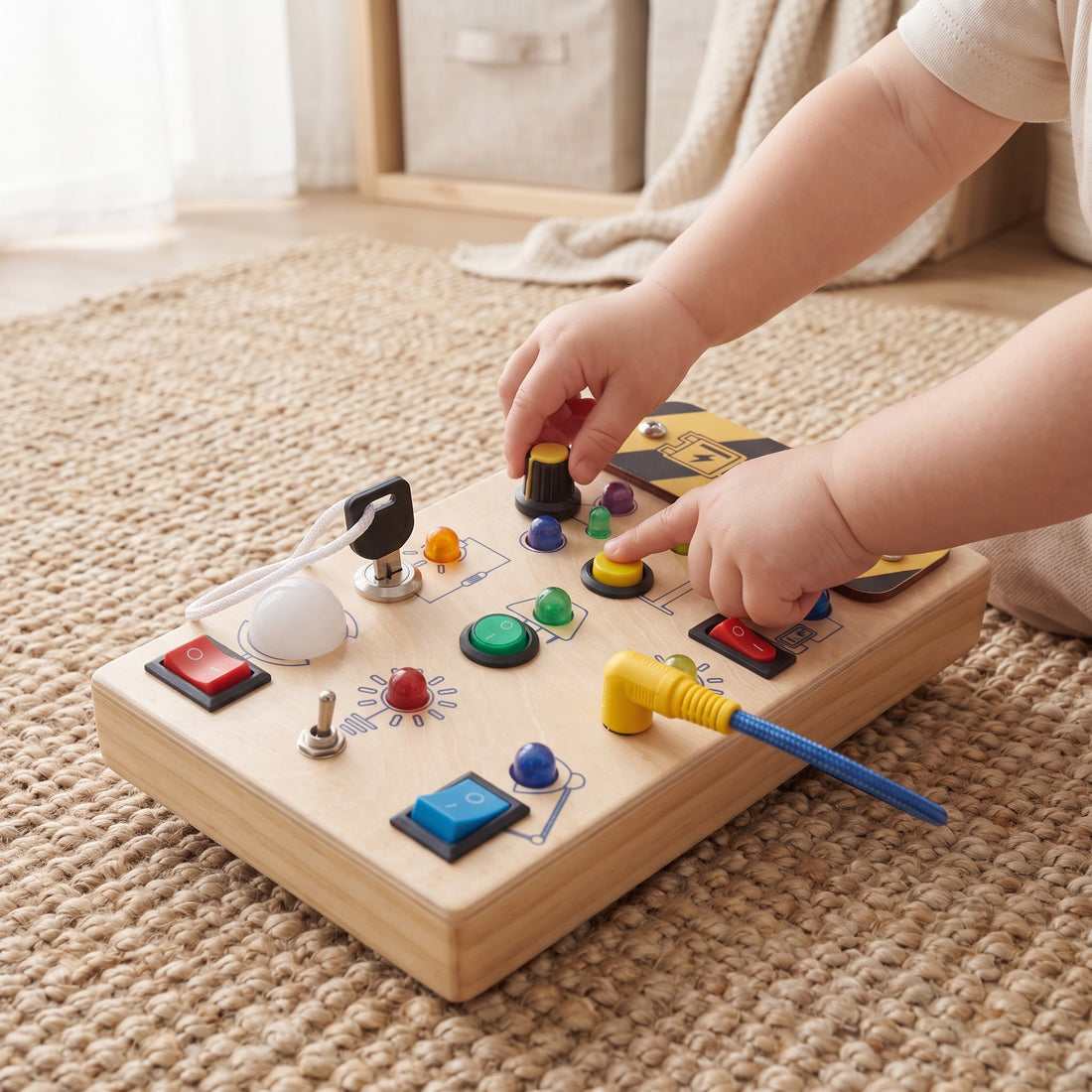 Placă senzorială Busy Board Montessori, în folosință