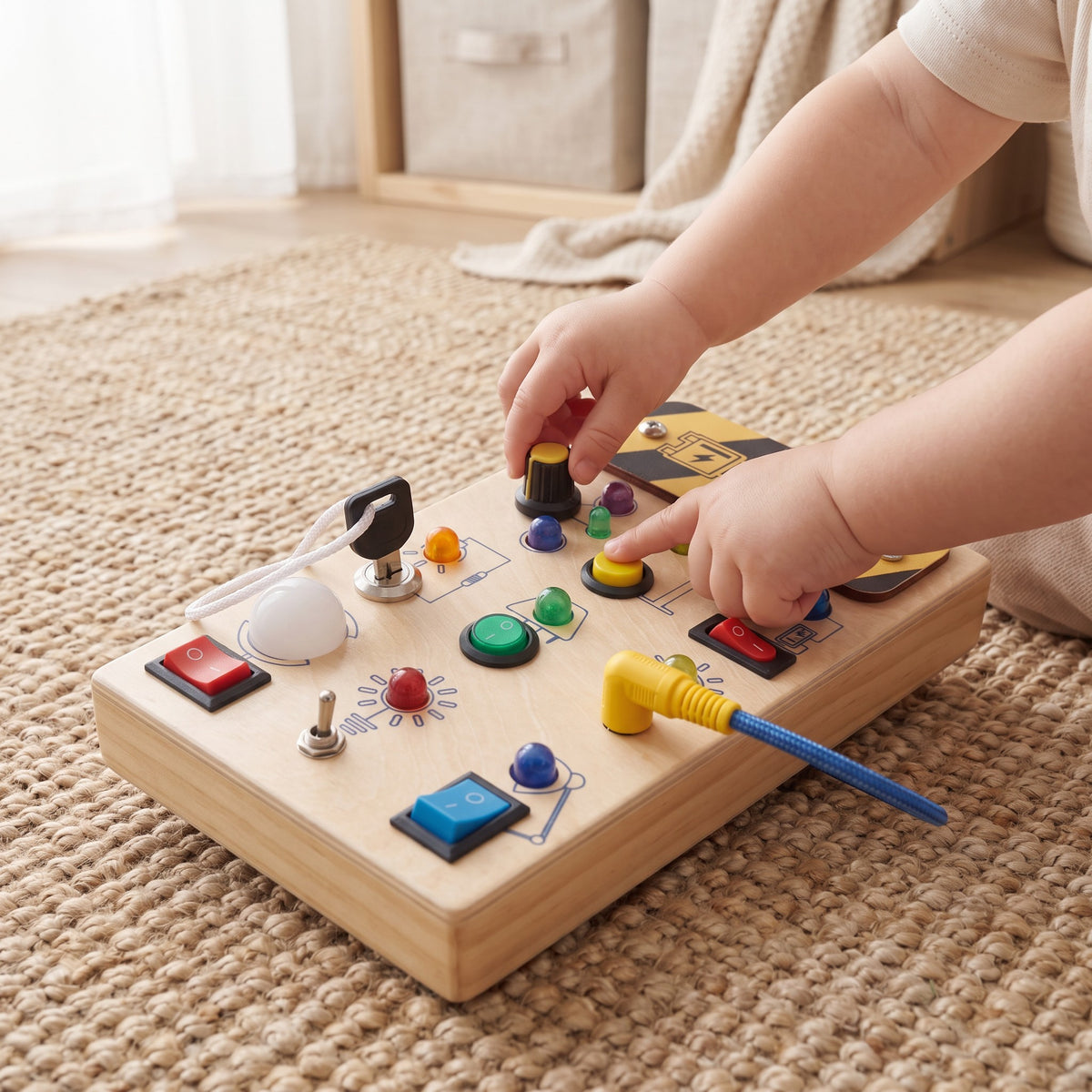 Placă senzorială Busy Board Montessori, în folosință