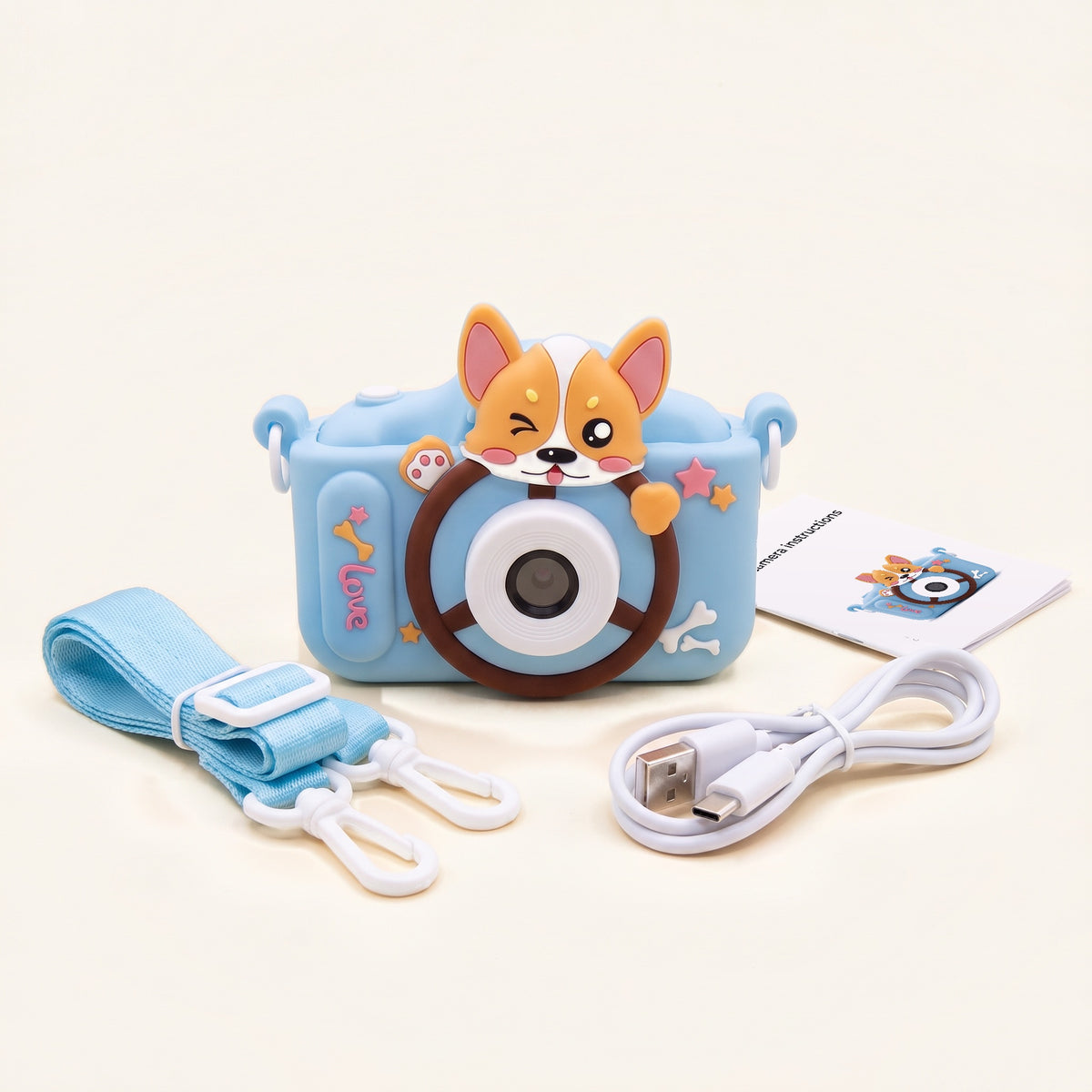Aparat foto digital pentru copii, albastru, cu motiv corgi, cu șnur, cablu USB și manual 