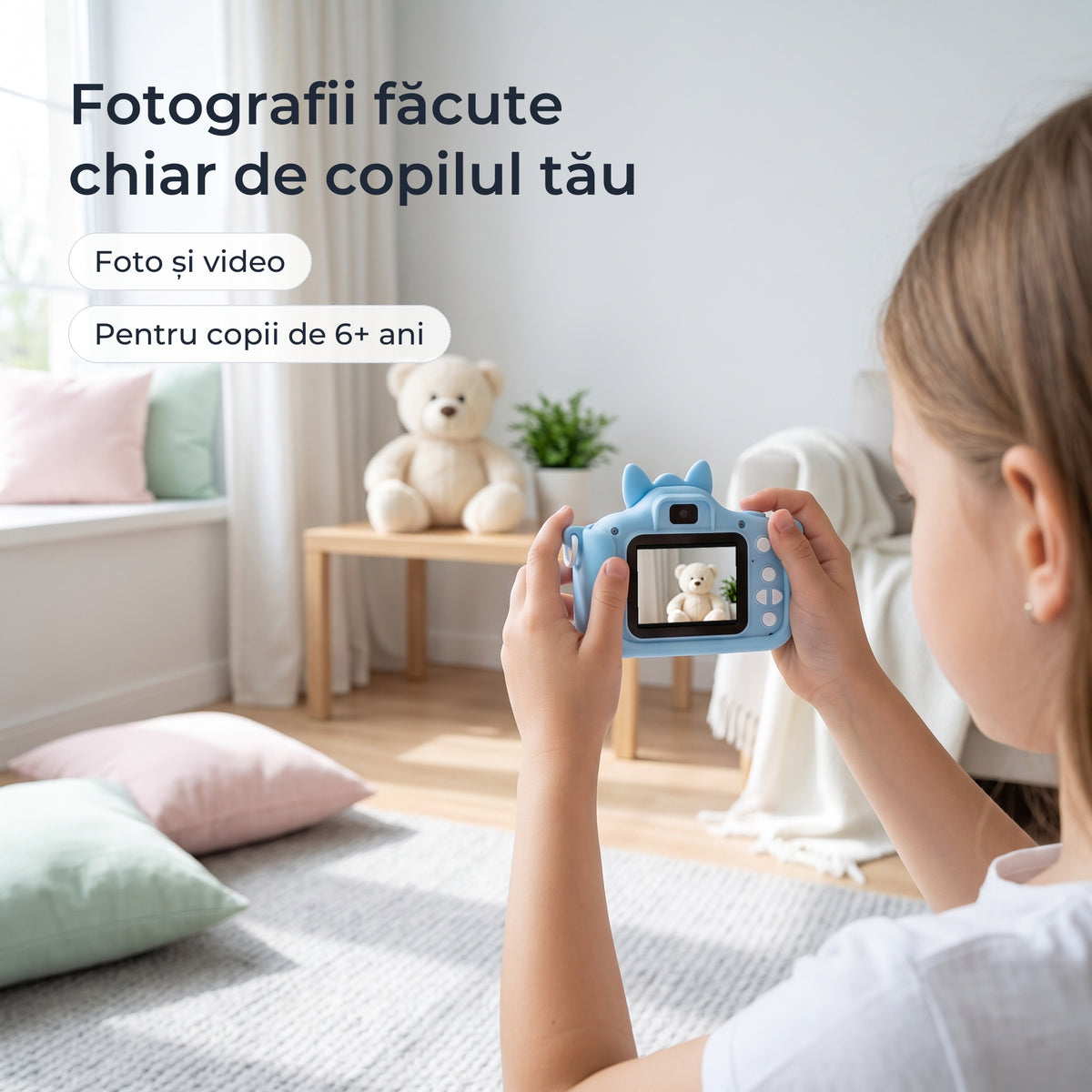 Fetiță care fotografiază un ursuleț cu aparatul foto albastru pentru copii 