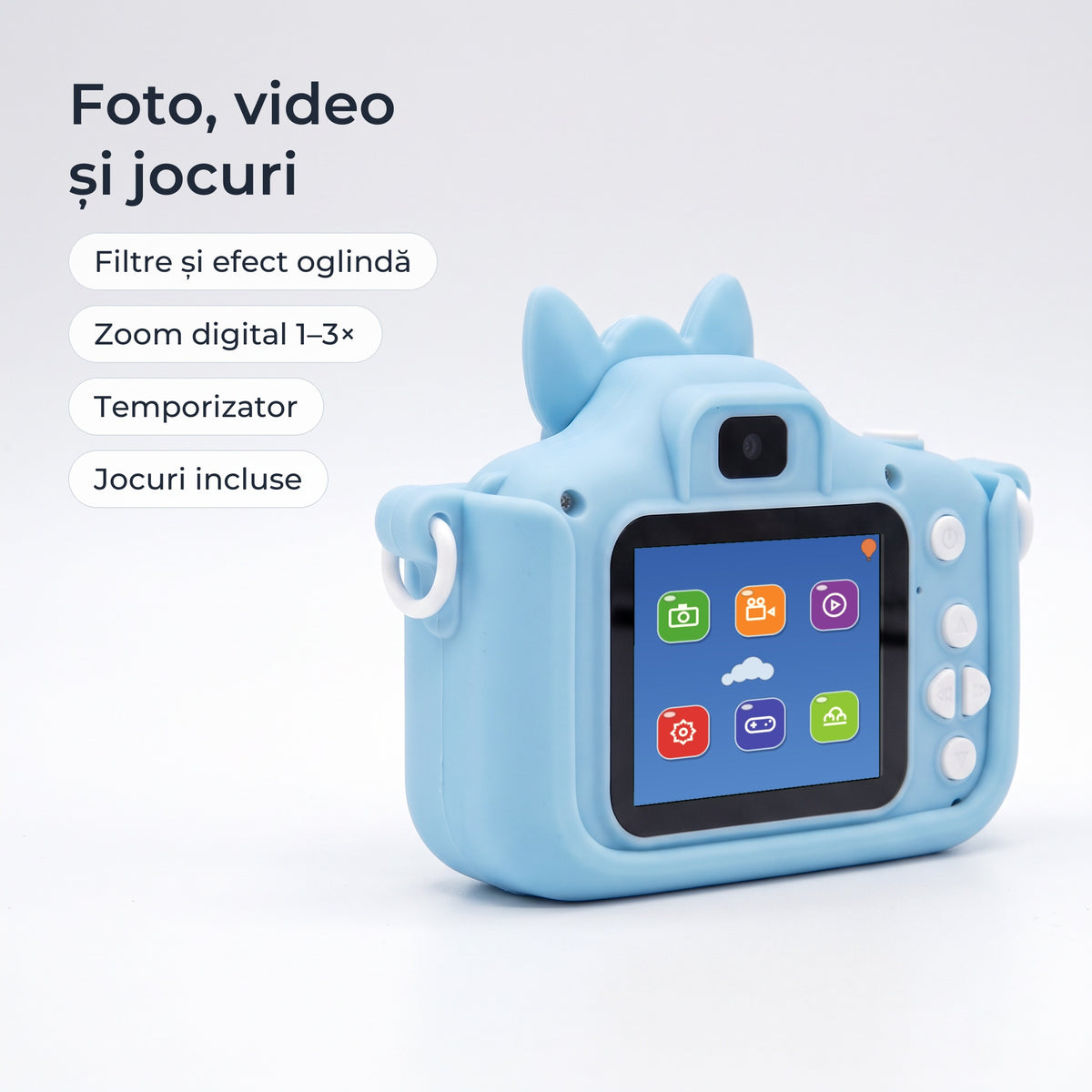 Meniul aparatului: foto, video, filtre și efect oglindă, zoom digital 1–3×, temporizator, jocuri 