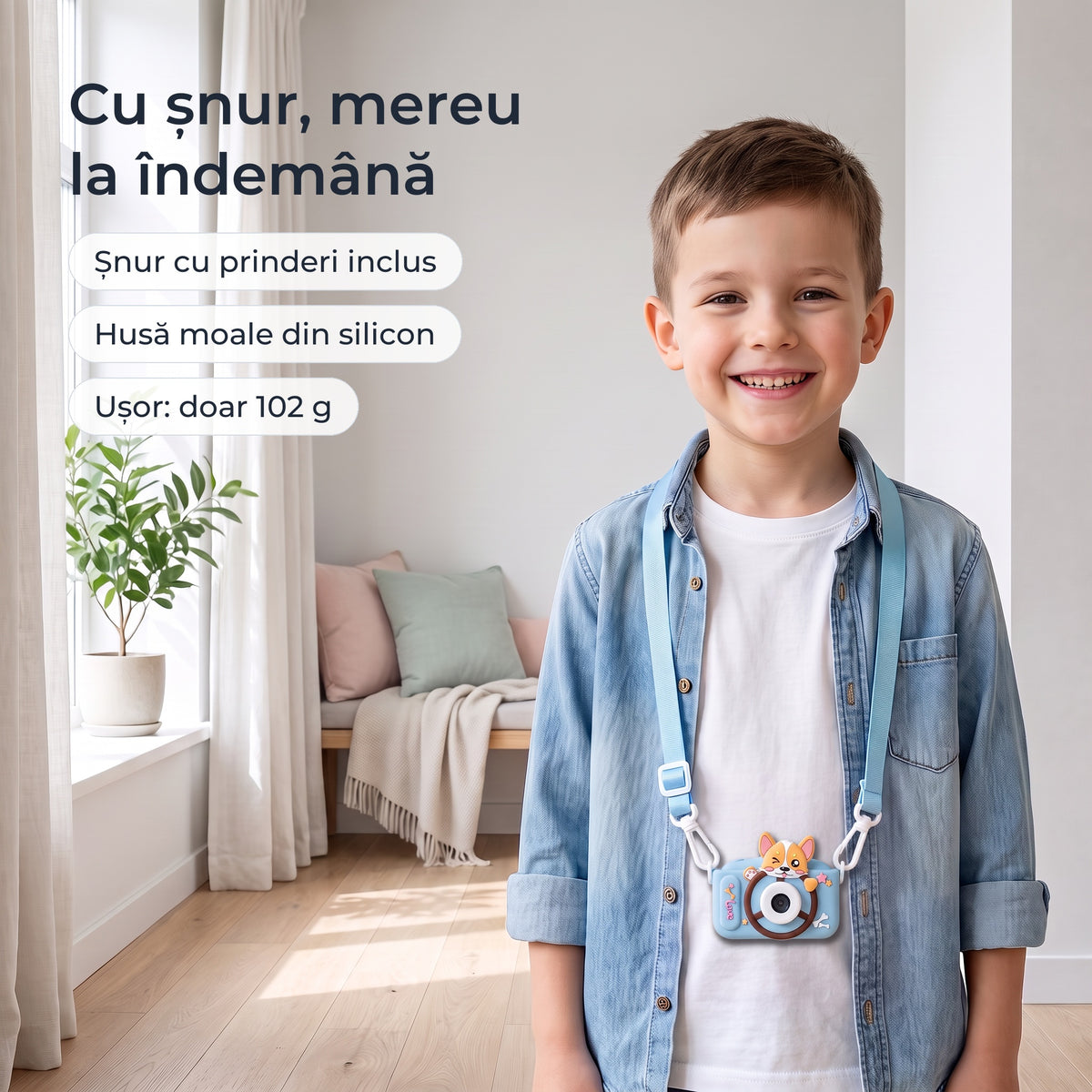 Băiat cu aparatul foto albastru la gât, pe șnurul inclus, cu husă moale din silicon 