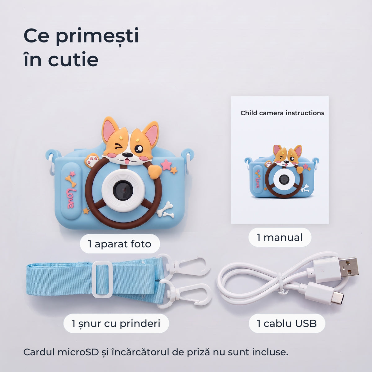 Conținutul cutiei: aparat foto, manual, șnur cu prinderi, cablu USB; cardul microSD nu este inclus 