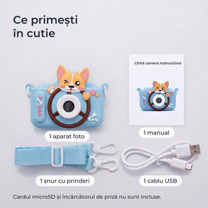 Conținutul cutiei: aparat foto, manual, șnur cu prinderi, cablu USB; cardul microSD nu este inclus 