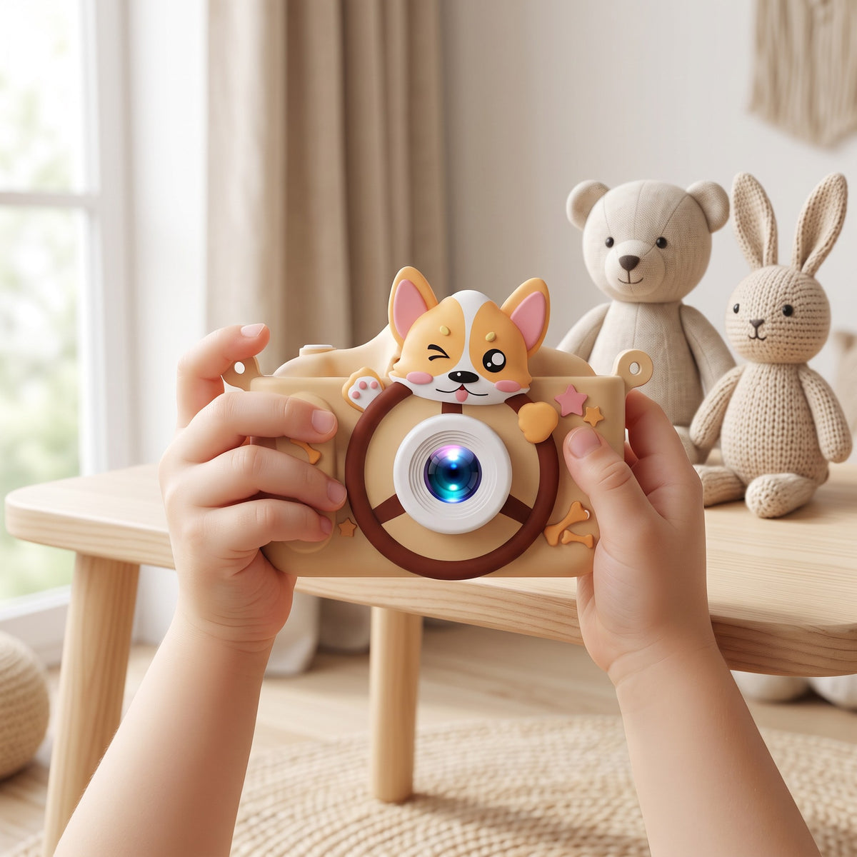 Cameră foto pentru copii cu motiv corgi, în folosință, culoare: galben 