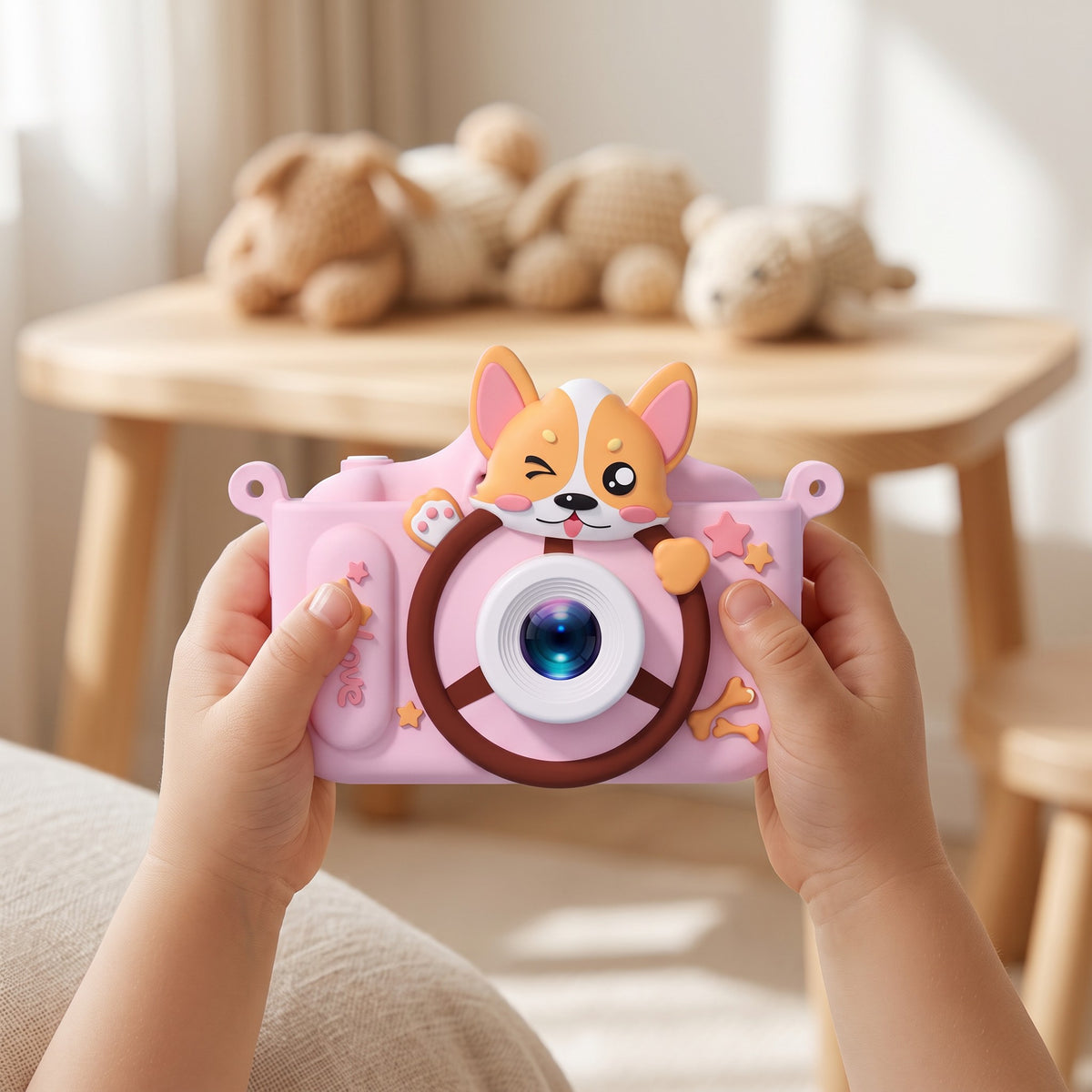 Cameră foto pentru copii cu motiv corgi, în folosință, culoare: roz 