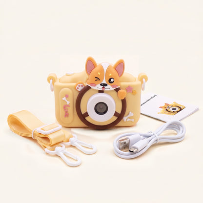 Aparat foto digital pentru copii, galben, cu motiv corgi, cu șnur, cablu USB și manual 