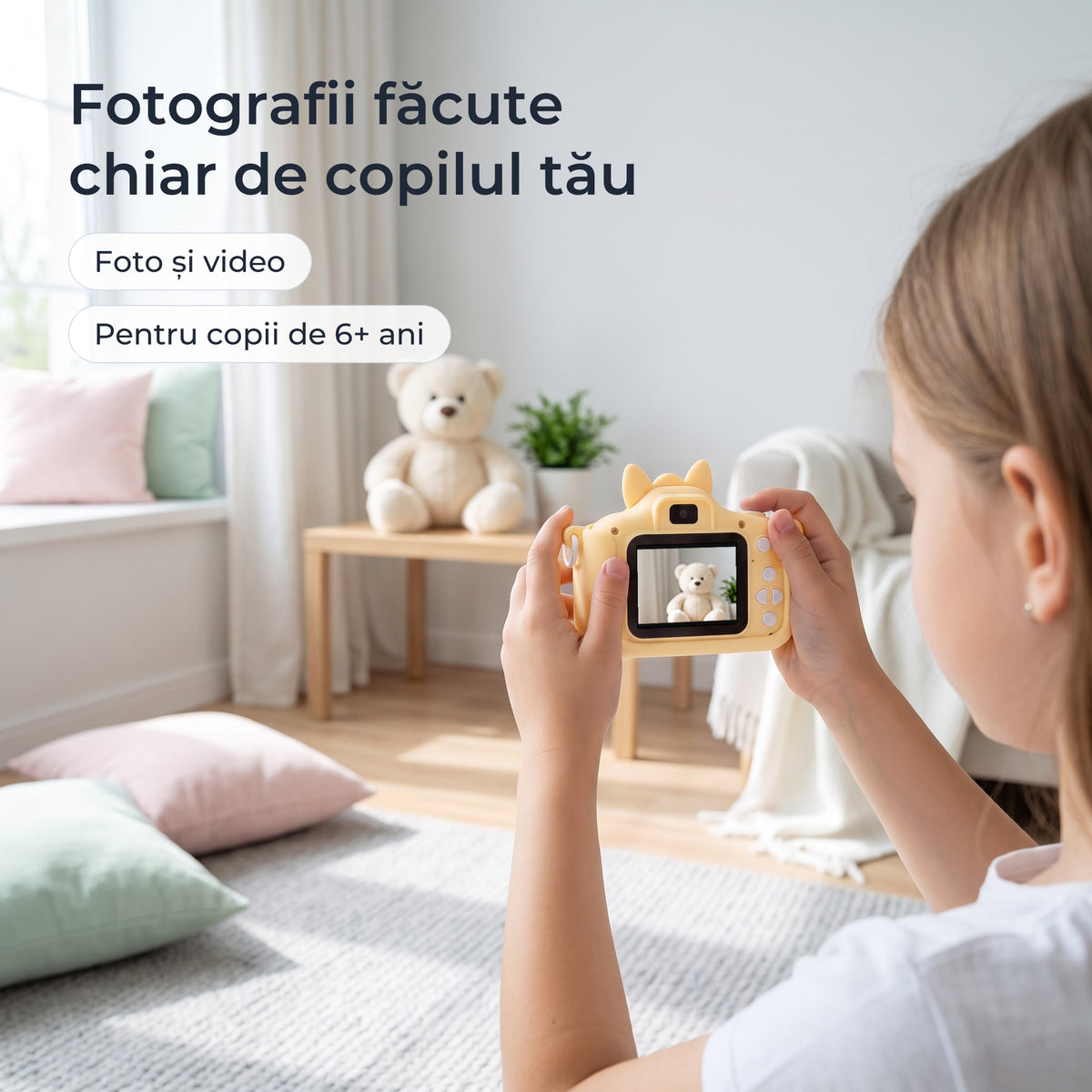 Fetiță care fotografiază un ursuleț cu aparatul foto galben pentru copii 
