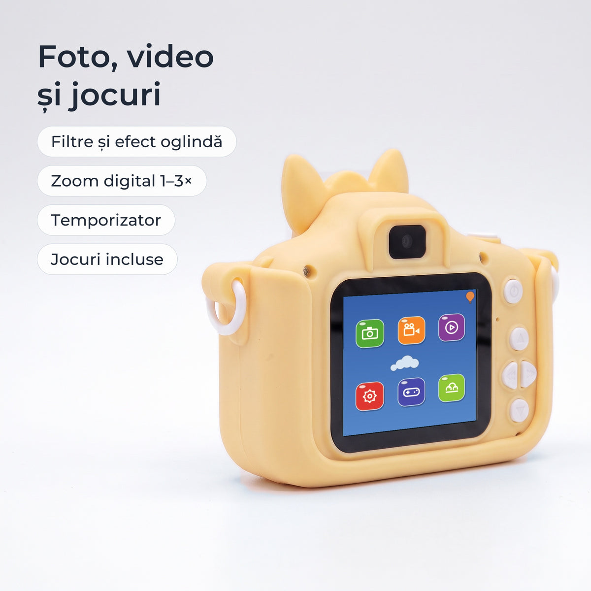 Meniul aparatului: foto, video, filtre și efect oglindă, zoom digital 1–3×, temporizator, jocuri 