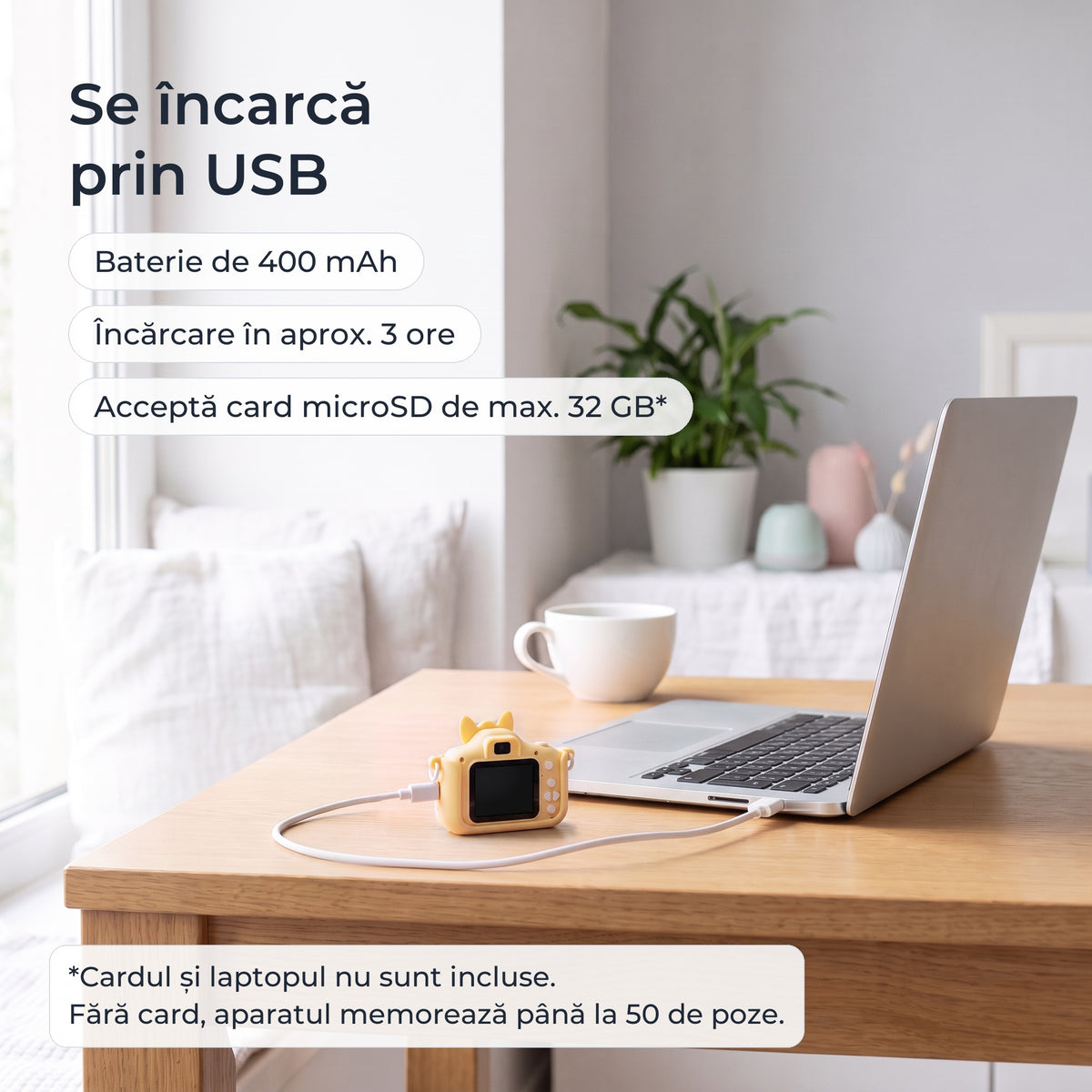 Aparatul foto galben la încărcat prin cablu USB: baterie de 400 mAh, încărcare în aprox. 3 ore 
