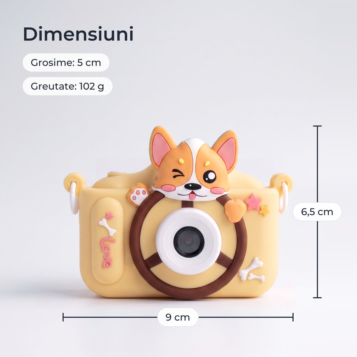Dimensiunile aparatului foto: 9 cm lățime, 6,5 cm înălțime, 5 cm grosime, 102 g 