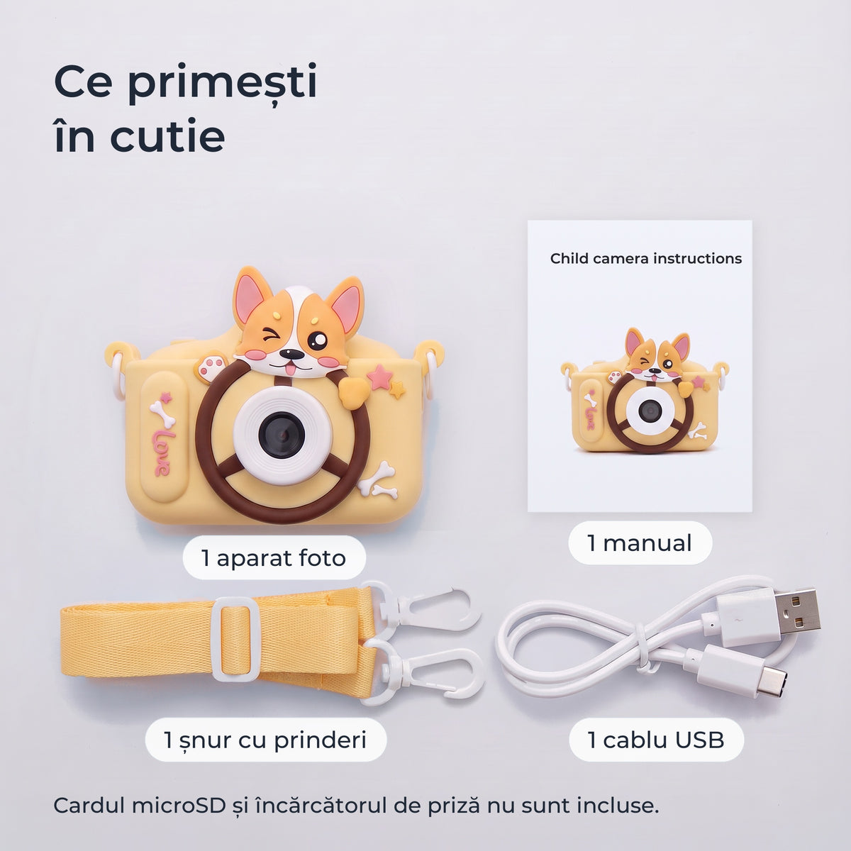 Conținutul cutiei: aparat foto, manual, șnur cu prinderi, cablu USB; cardul microSD nu este inclus 