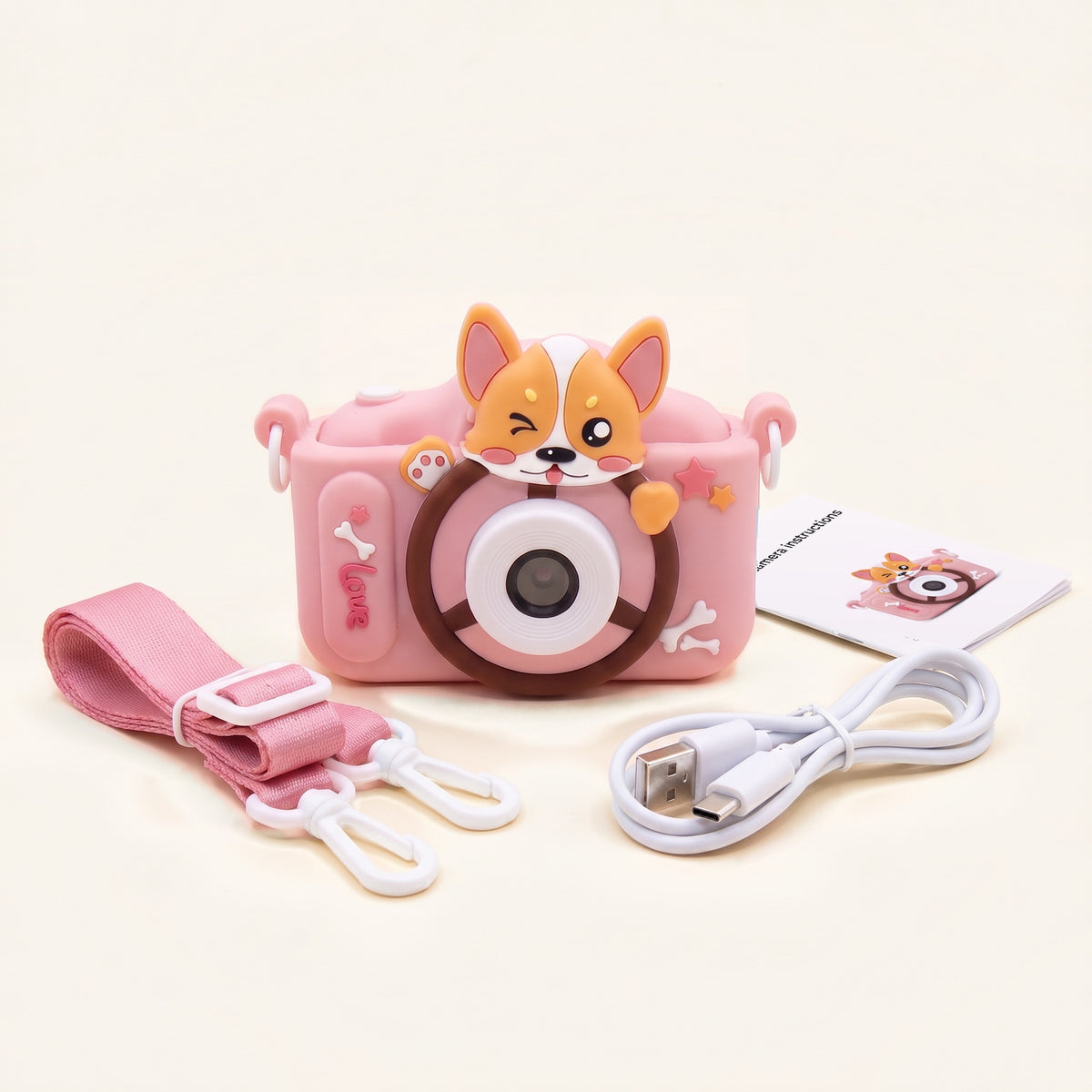 Aparat foto digital pentru copii, roz, cu motiv corgi, cu șnur, cablu USB și manual 