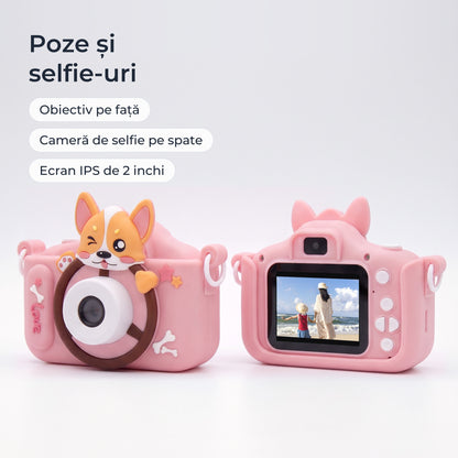 Fața și spatele aparatului foto roz: obiectiv pe față, cameră de selfie și ecran IPS de 2 inchi pe spate 