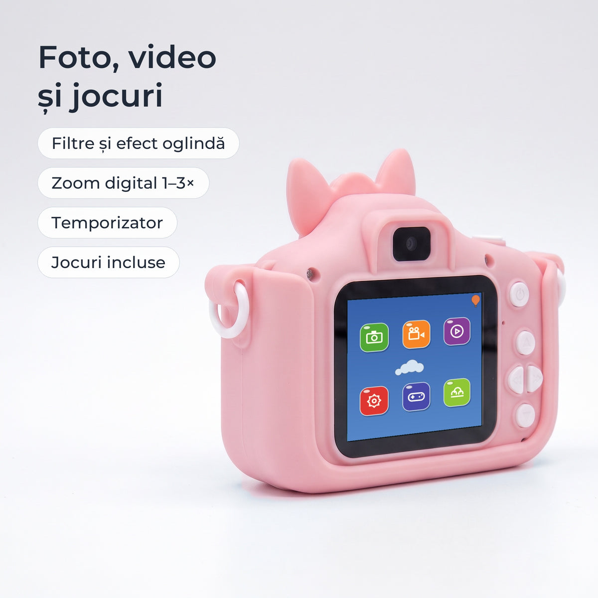 Meniul aparatului: foto, video, filtre și efect oglindă, zoom digital 1–3×, temporizator, jocuri 
