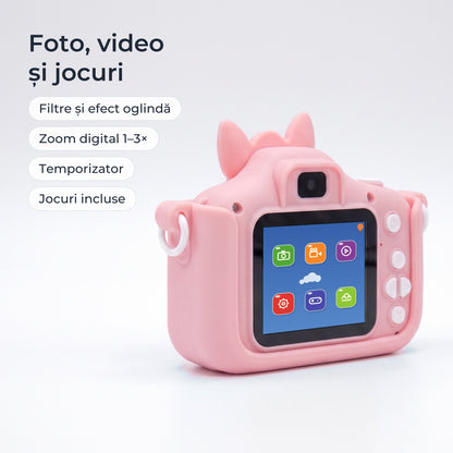 Meniul aparatului: foto, video, filtre și efect oglindă, zoom digital 1–3×, temporizator, jocuri 