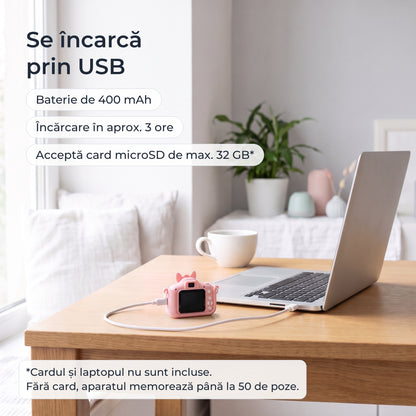 Aparatul foto roz la încărcat prin cablu USB: baterie de 400 mAh, încărcare în aprox. 3 ore 
