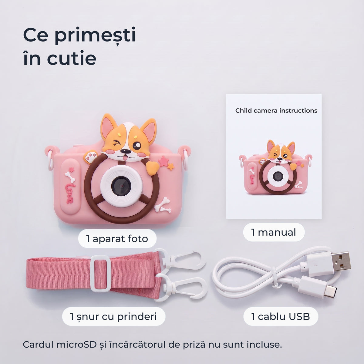 Conținutul cutiei: aparat foto, manual, șnur cu prinderi, cablu USB; cardul microSD nu este inclus 