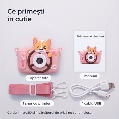 Conținutul cutiei: aparat foto, manual, șnur cu prinderi, cablu USB; cardul microSD nu este inclus 