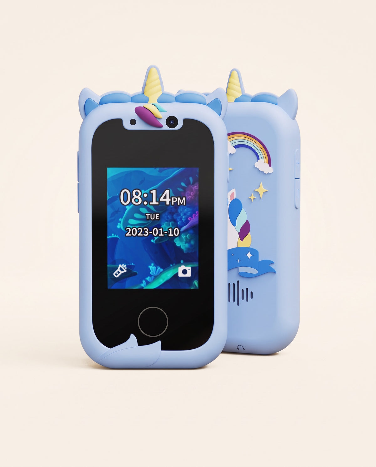 Telefon educativ pentru copii cu unicorn, albastru, față și spate, pe fundal crem