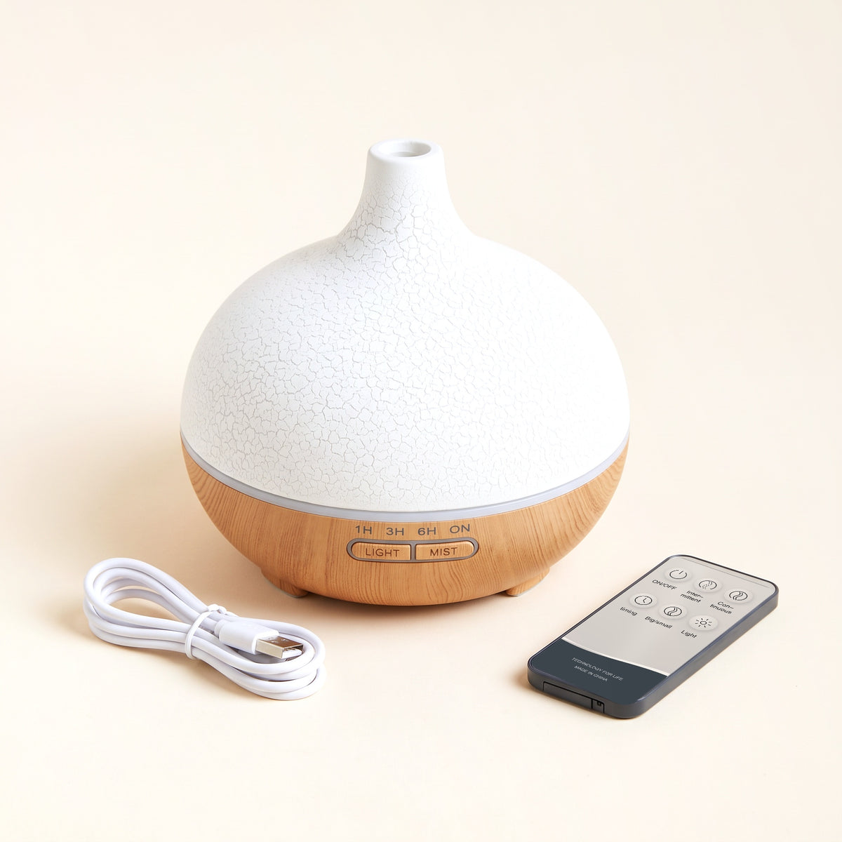 Difuzor de aromaterapie 500 ml, capac alb craquelé și bază cu aspect de lemn, cu telecomandă și cablu USB