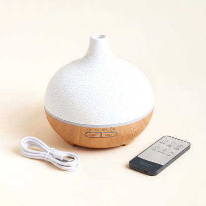 Difuzor de aromaterapie 500 ml, capac alb craquelé și bază cu aspect de lemn, cu telecomandă și cablu USB