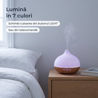 Difuzorul luminat seara în dormitor: lumină în 7 culori, schimbată din butonul LIGHT sau din telecomandă