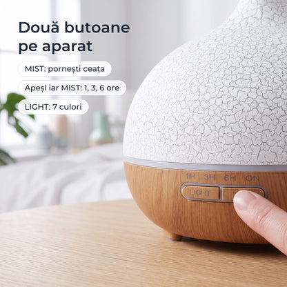Butoanele MIST și LIGHT de pe aparat, cu temporizator de 1, 3 sau 6 ore