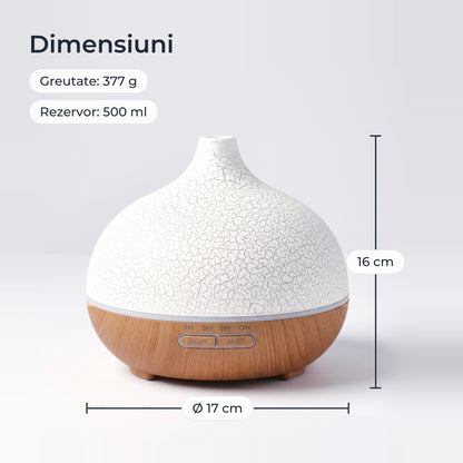 Dimensiunile difuzorului: diametru 17 cm, înălțime 16 cm, 377 g, rezervor 500 ml
