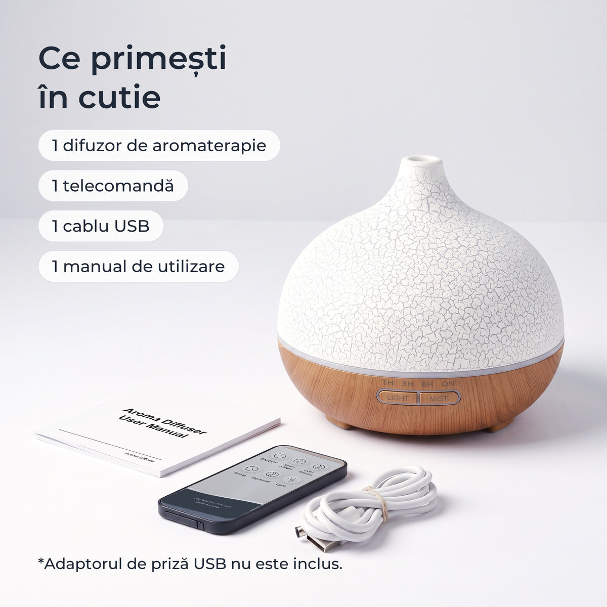 Conținutul cutiei: difuzor, telecomandă, cablu USB, manual de utilizare