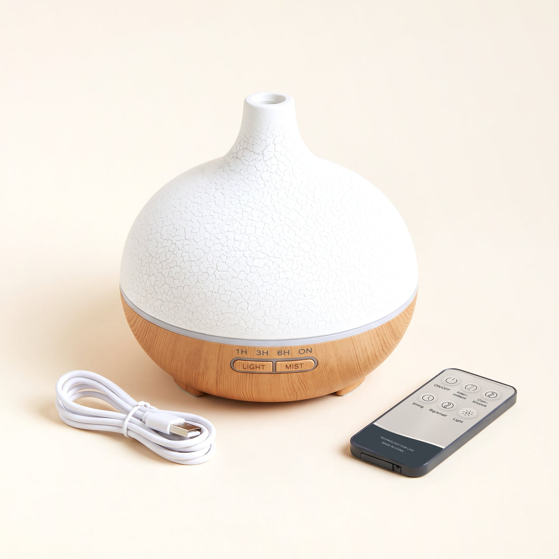 Difuzor de aromaterapie 500 ml, capac alb craquelé și bază cu aspect de lemn, cu telecomandă și cablu USB