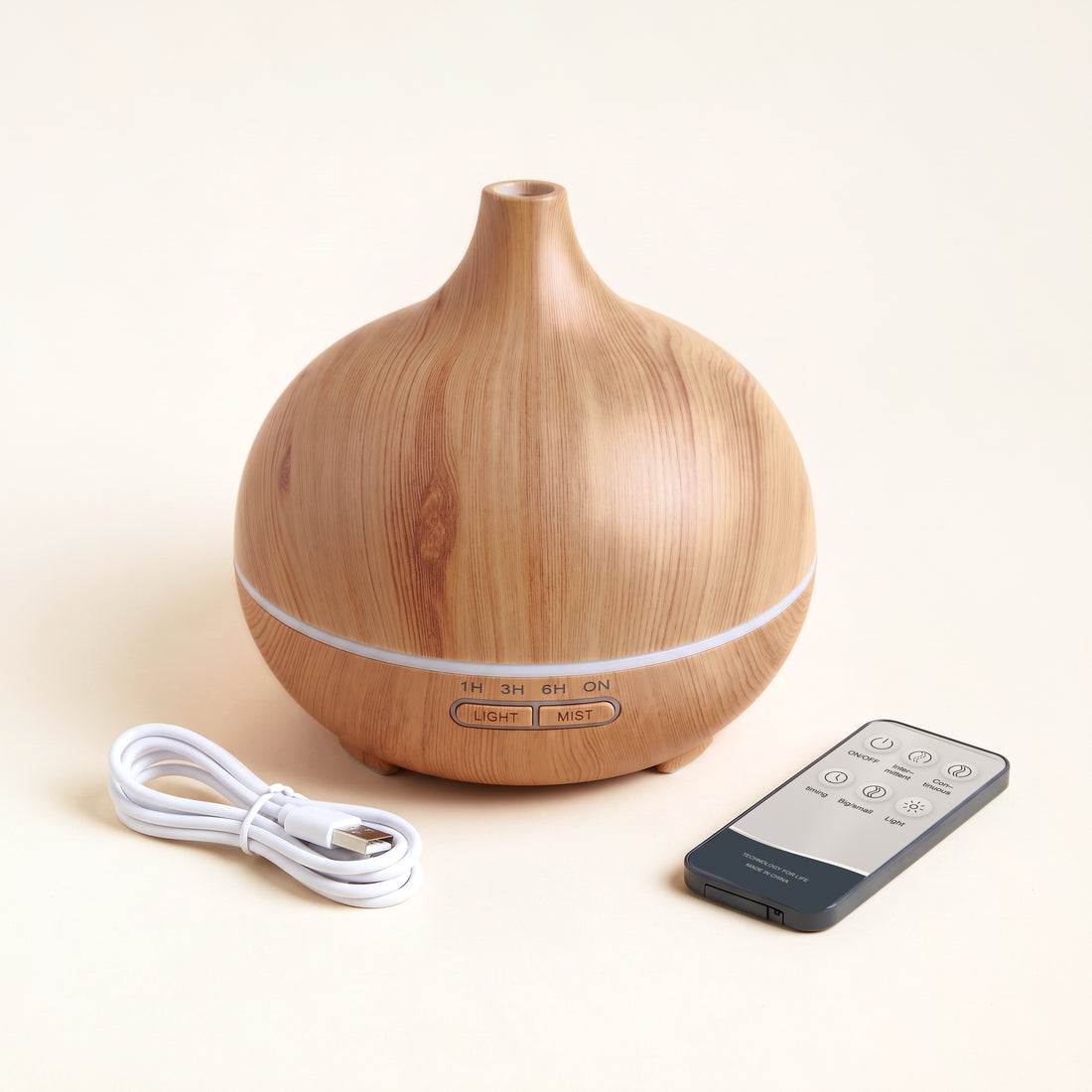 Difuzor de aromaterapie cu aspect de lemn, cu telecomandă și cablu USB