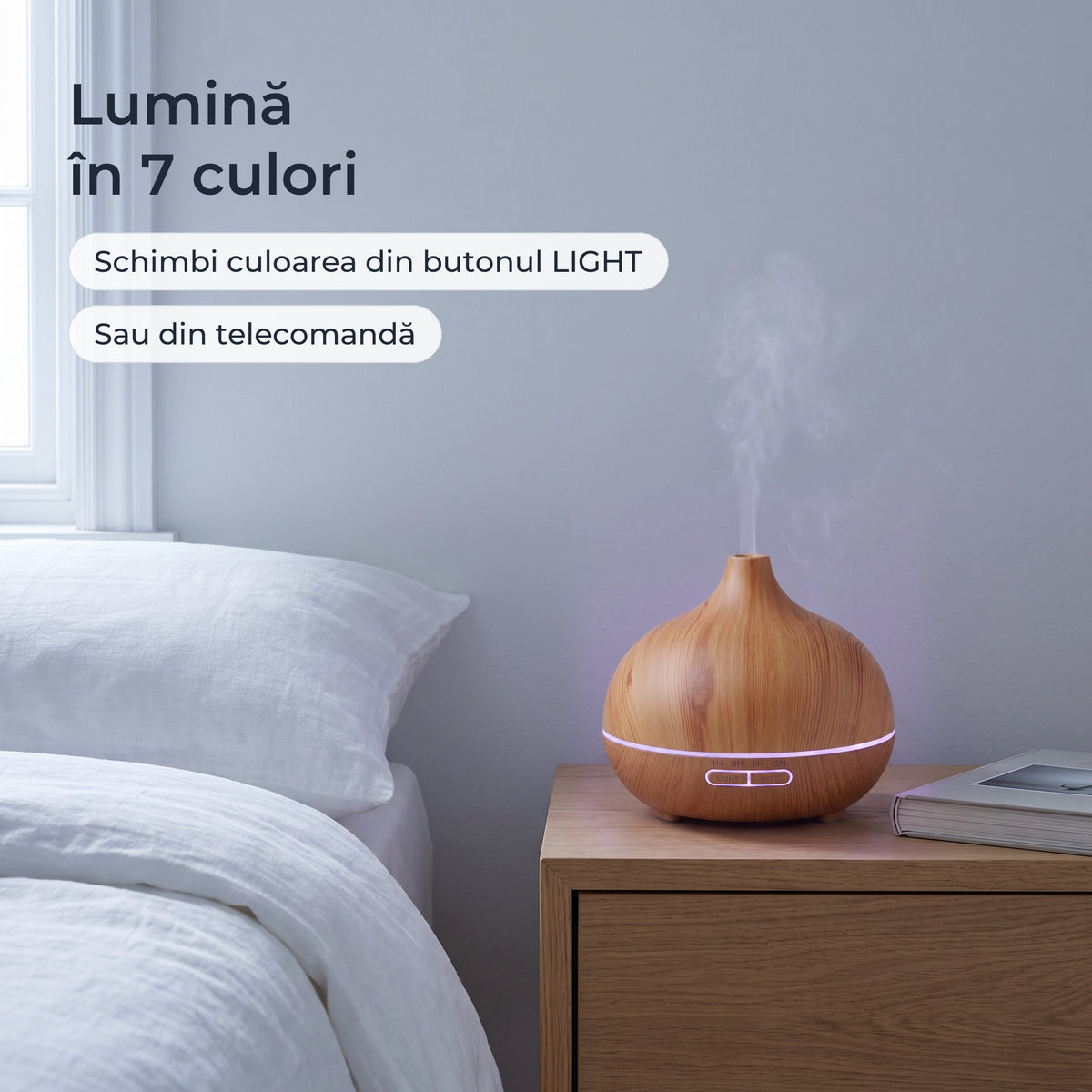 Difuzorul cu aspect de lemn seara în dormitor: inelul de lumină în 7 culori, schimbat din butonul LIGHT sau din telecomandă