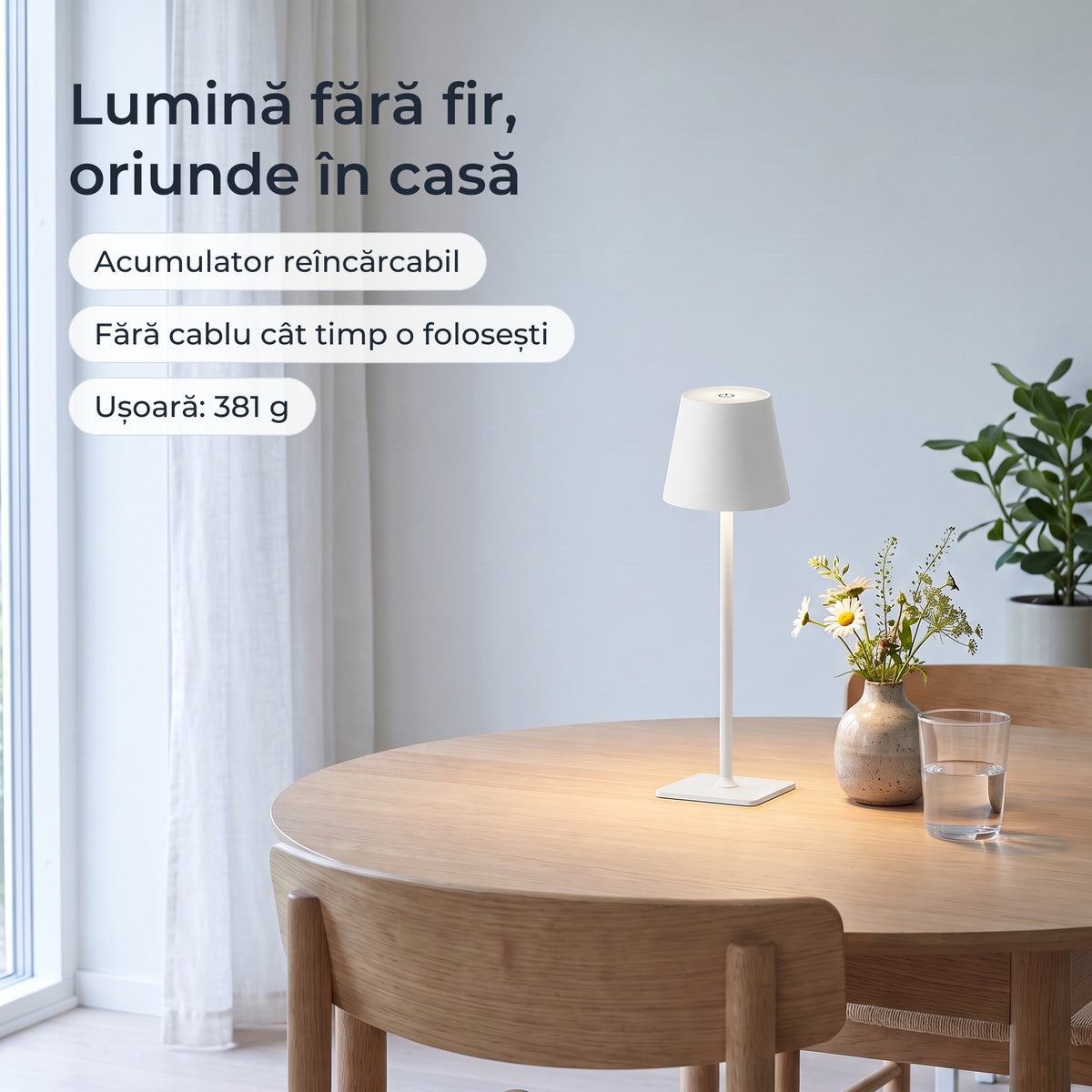 Lampă de masă LED albă aprinsă pe o masă, fără fir 