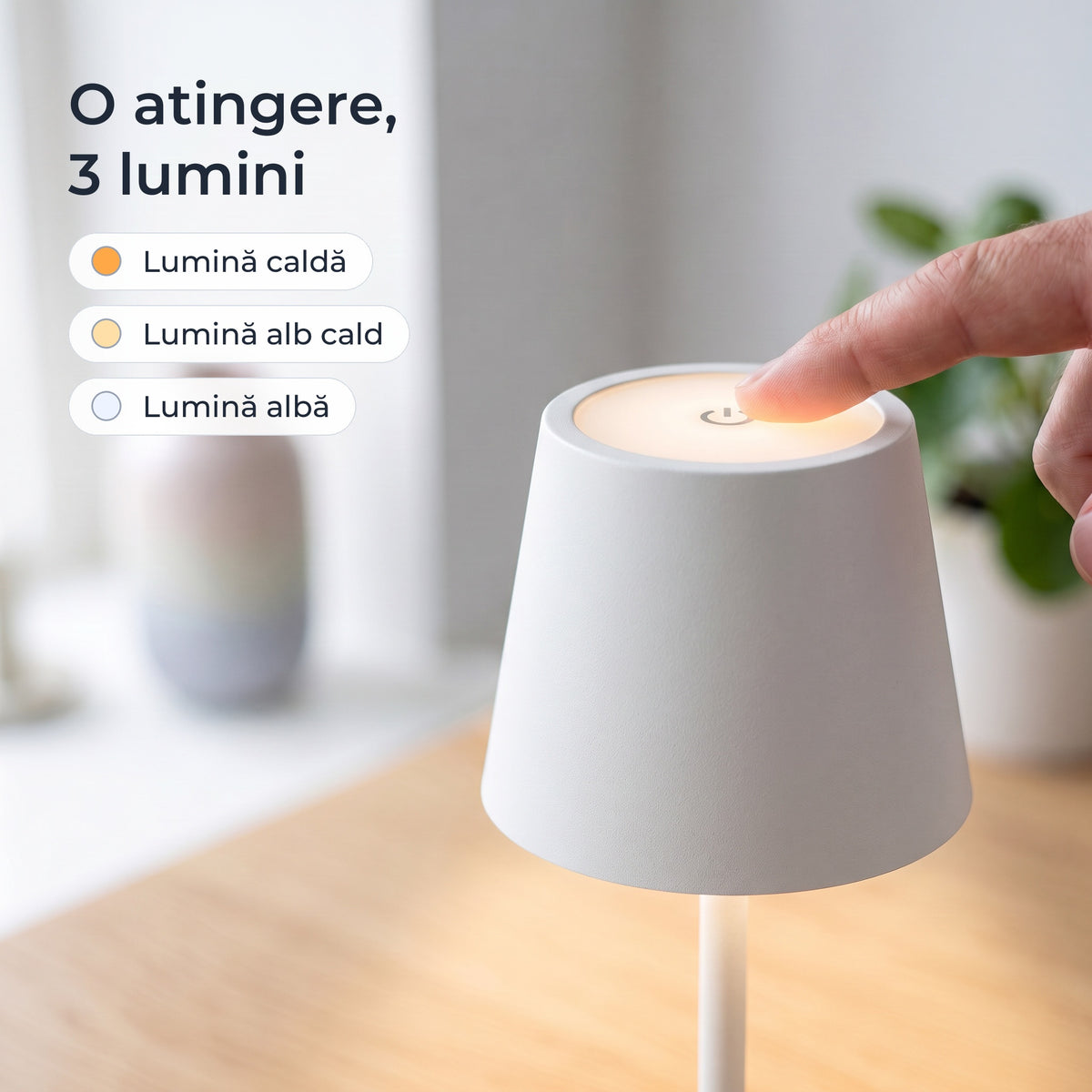 Butonul tactil de sus: o atingere schimbă între lumină caldă, alb cald și albă 