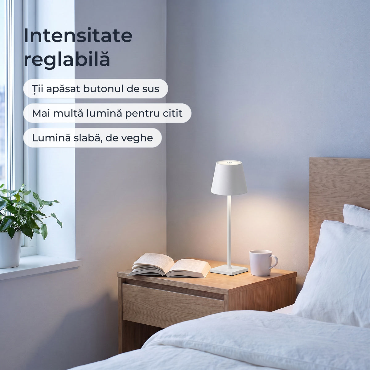 Lampa albă pe noptieră, cu intensitatea redusă la lumină de veghe 