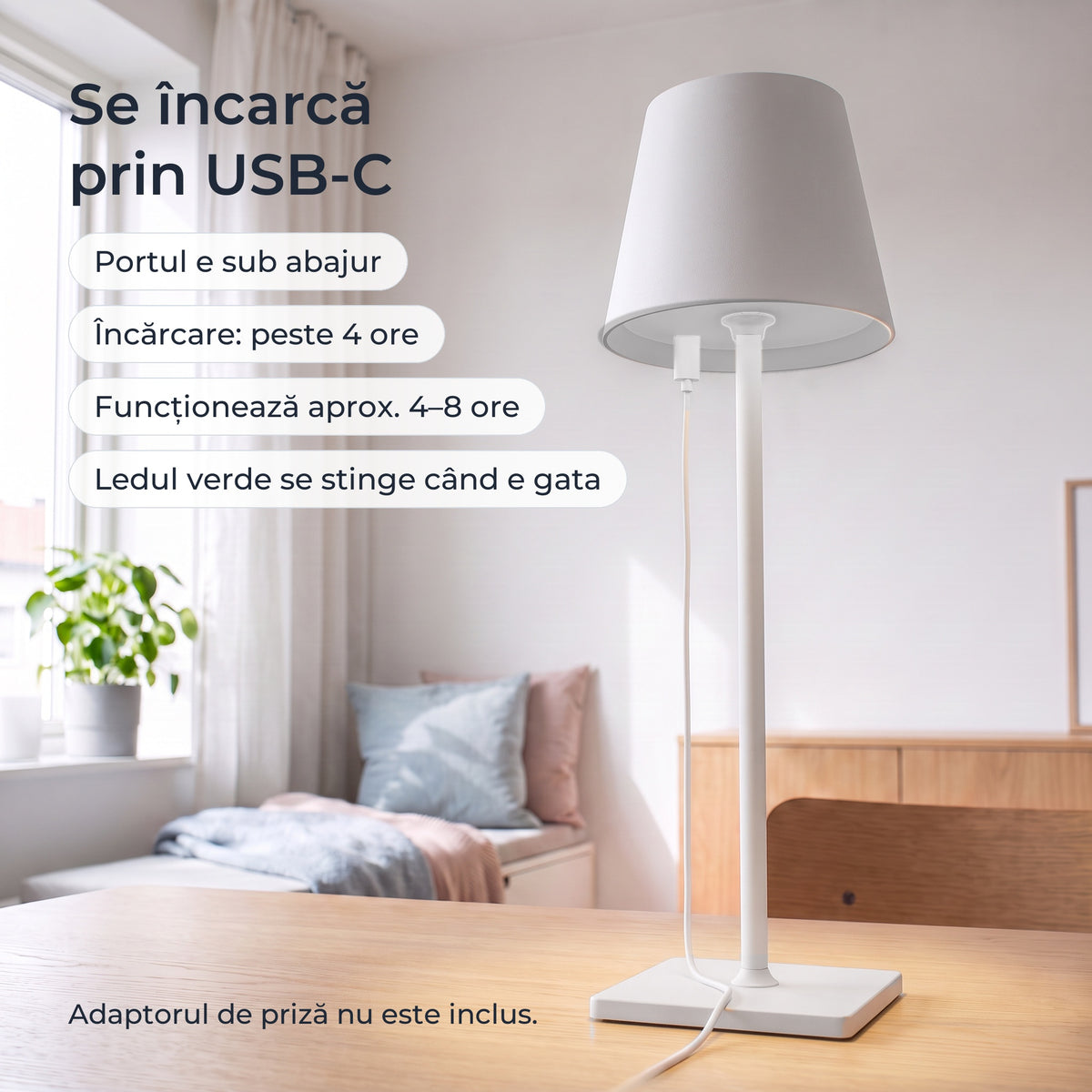 Lampa albă se încarcă prin portul USB-C de sub abajur 