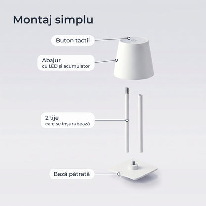 Piesele lămpii: abajur cu LED și acumulator, 2 tije care se înșurubează, bază pătrată