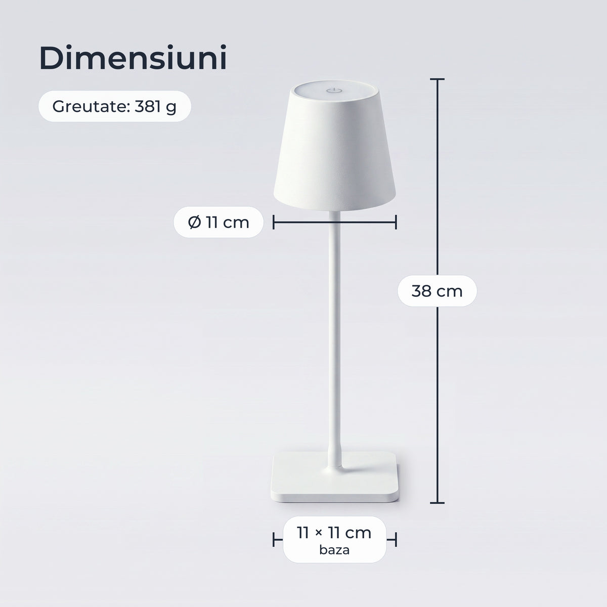 Dimensiunile lămpii: 38 cm înălțime, abajur Ø 11 cm, bază 11 × 11 cm, 381 g 