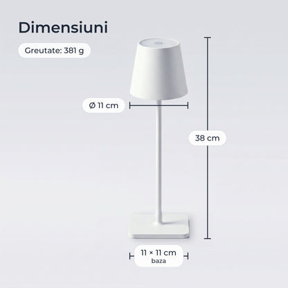 Dimensiunile lămpii: 38 cm înălțime, abajur Ø 11 cm, bază 11 × 11 cm, 381 g 