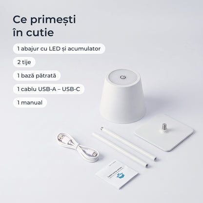 Conținutul cutiei: abajur cu LED și acumulator, 2 tije, bază, cablu USB-A – USB-C, manual 