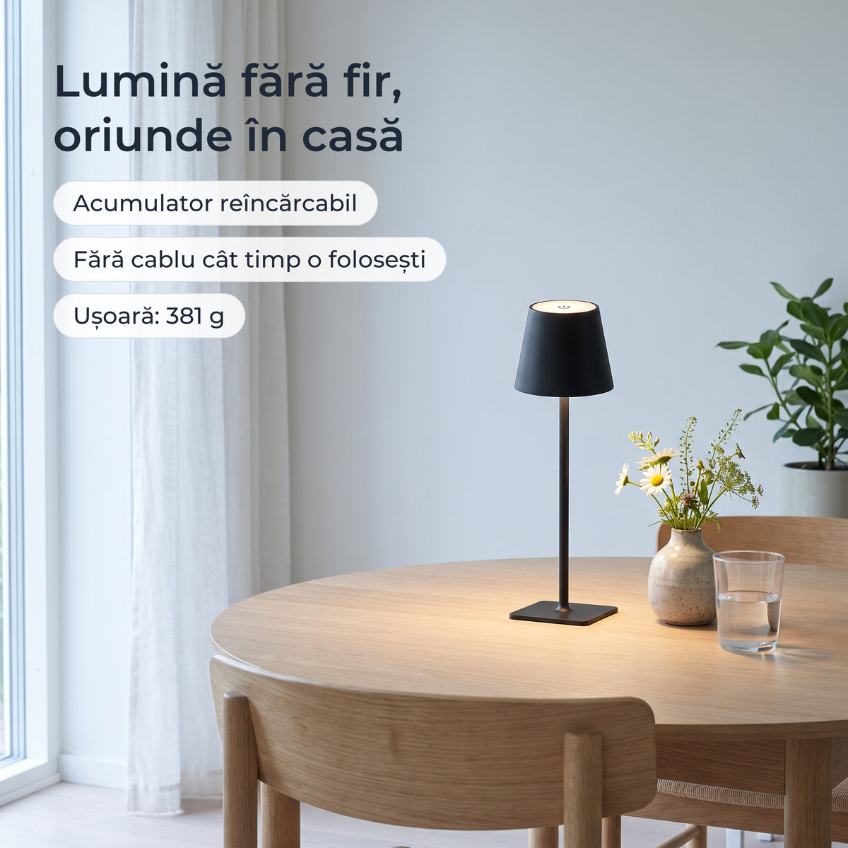Lampă de masă LED neagră aprinsă pe o masă, fără fir 