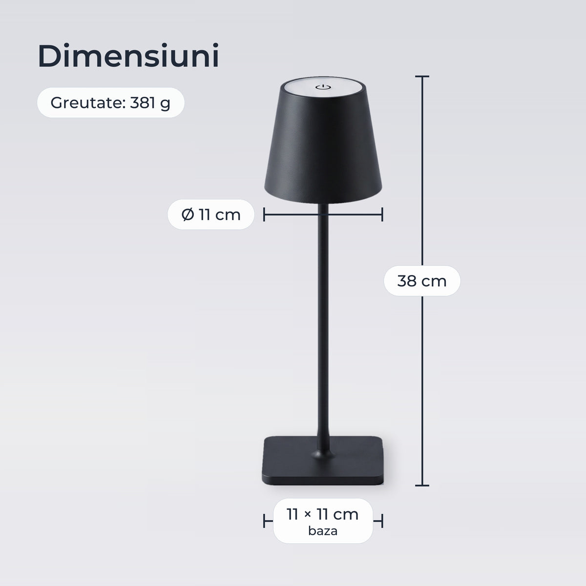 Dimensiunile lămpii: 38 cm înălțime, abajur Ø 11 cm, bază 11 × 11 cm, 381 g 