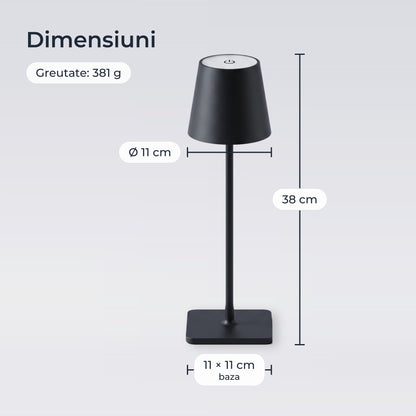 Dimensiunile lămpii: 38 cm înălțime, abajur Ø 11 cm, bază 11 × 11 cm, 381 g 