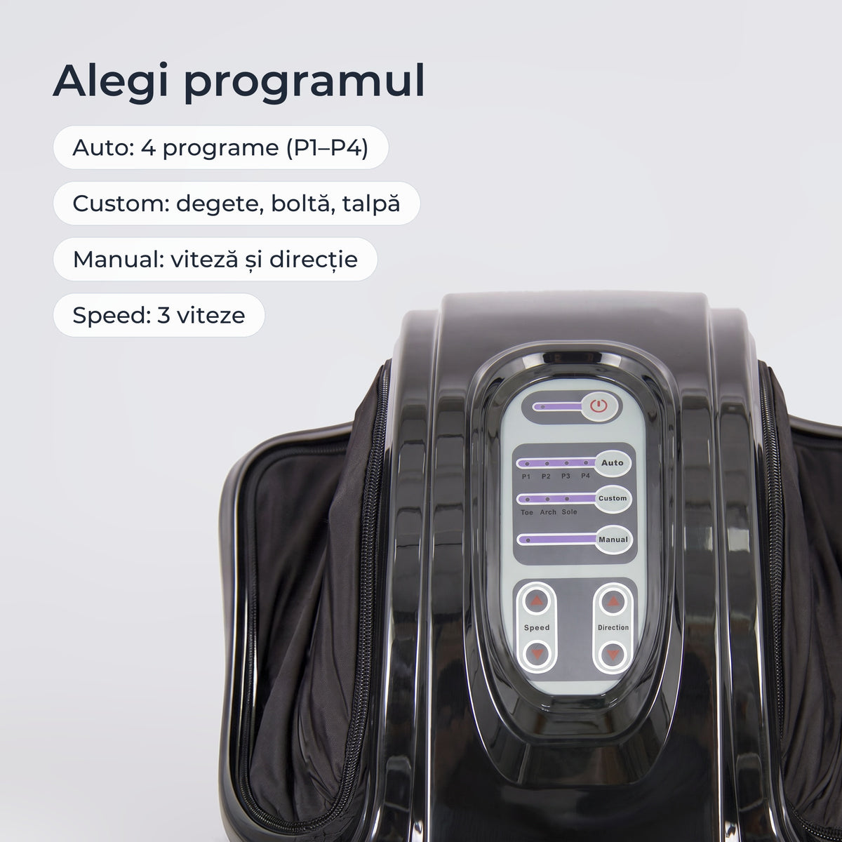 Panoul de comandă: Auto cu programele P1–P4, Custom, Manual, viteză și direcție