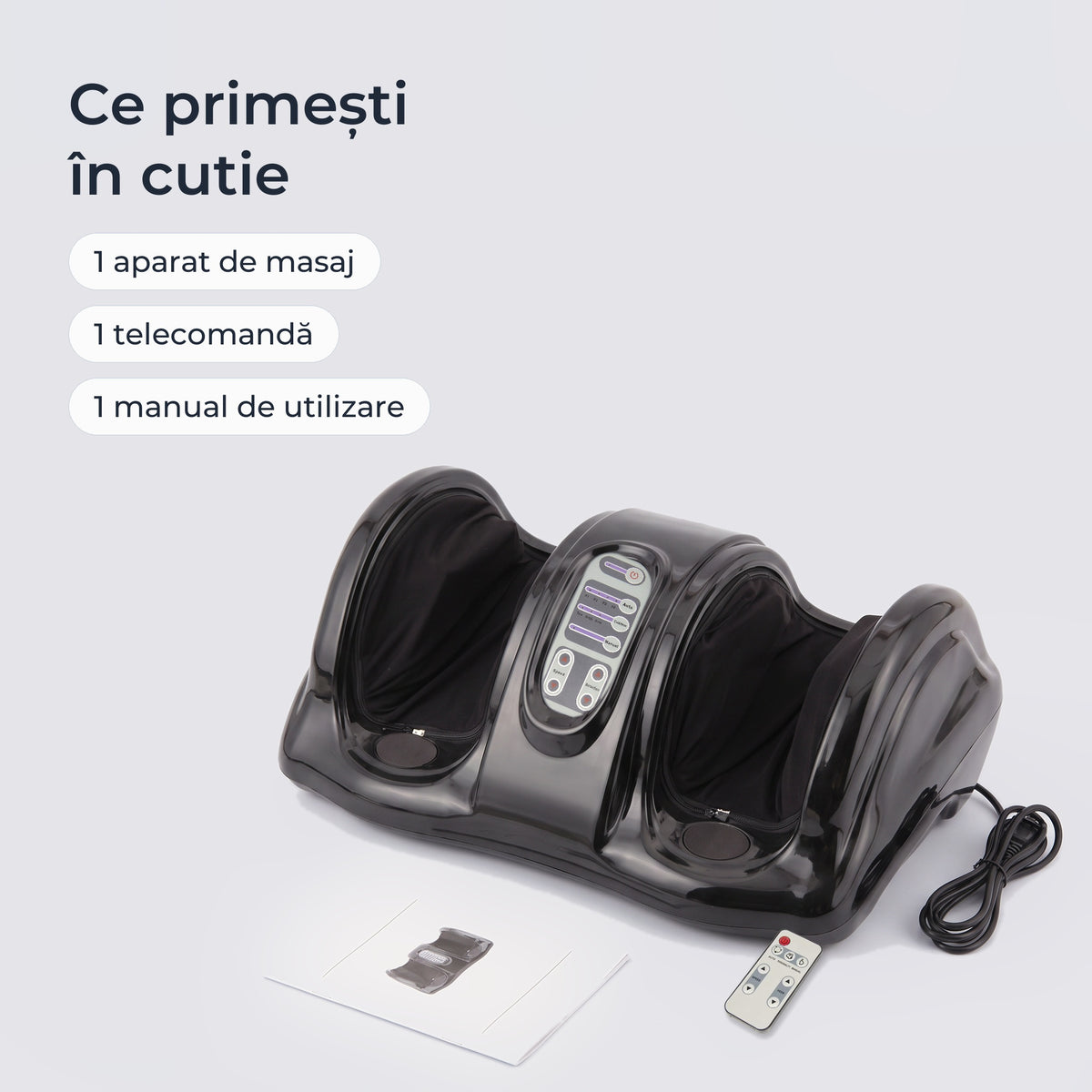 Conținutul cutiei: aparat de masaj, telecomandă, manual de utilizare