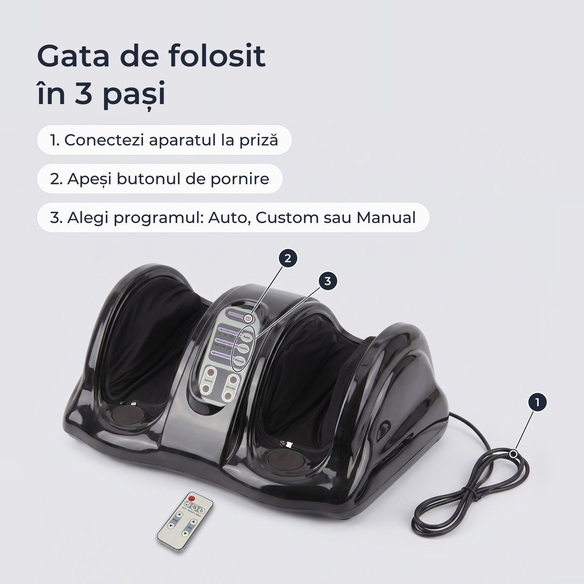 Cei 3 pași de folosire: conectezi aparatul la priză, apeși butonul de pornire, alegi programul (Auto, Custom sau Manual)