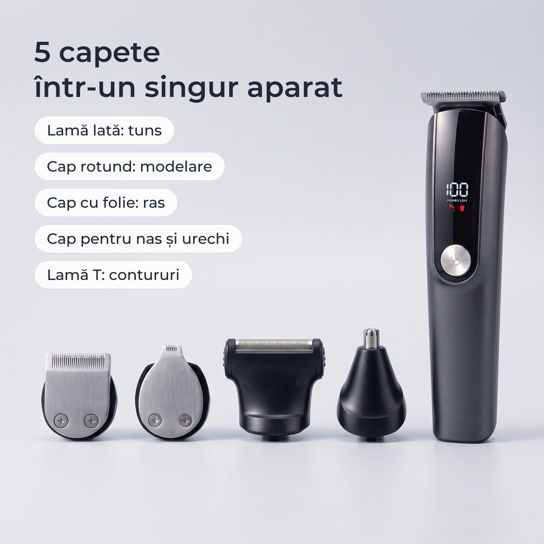 Cele 5 capete ale mașinii de tuns: lamă lată, cap rotund, cap cu folie, cap pentru nas și urechi și lamă T